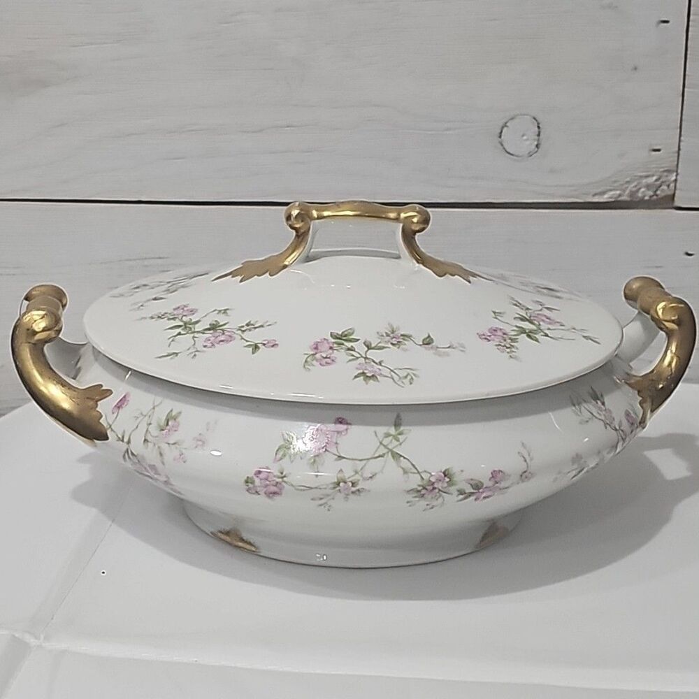 ANTIQUE M. REDON PL LIMOGES France Pink Roses Gold Trim Lidded Serving Bowl